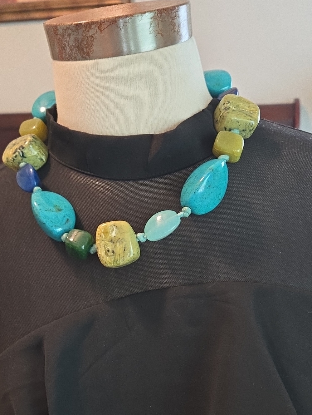 Hand Crafted Turquoise, Olive & Blue Chunky Beaded Necklace